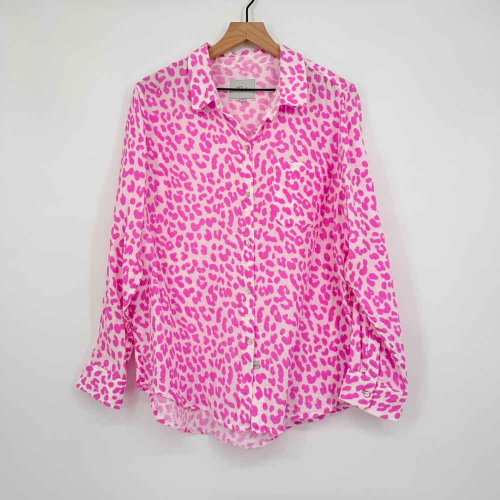 Rails Ellis Button Down Shirt Women XL Pink Jaguar Leopard Organic Cotton Gauze